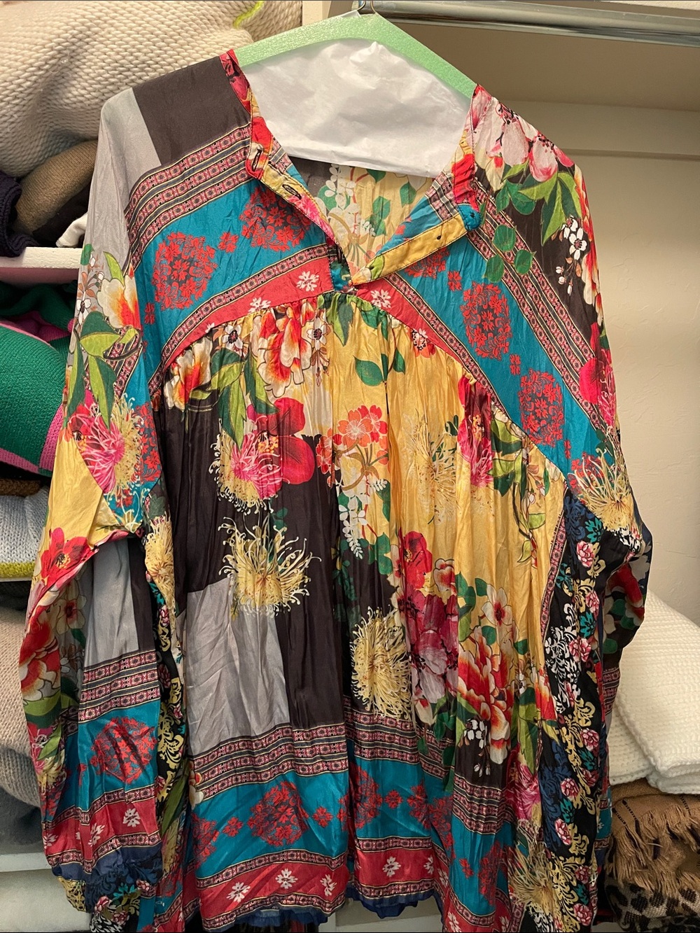 Johnny Was Multicolor Floral Patchwork Blouse - Teal, Yellow, Red, Black